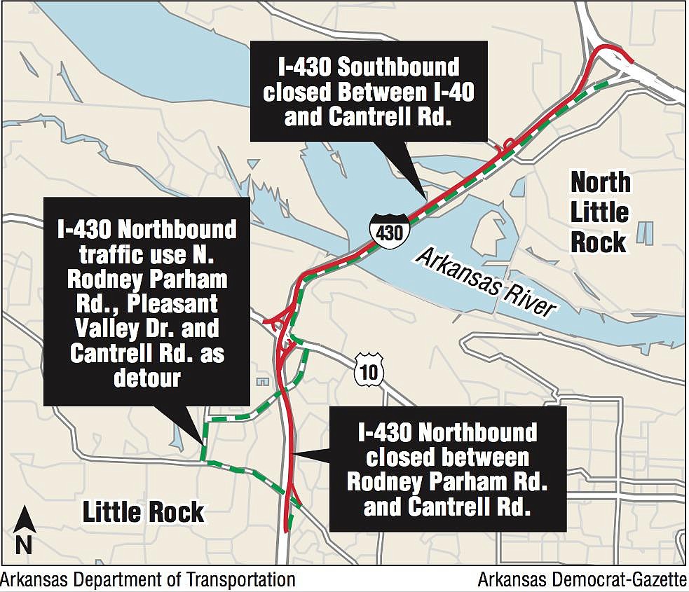 A map and information about I-430 closings.