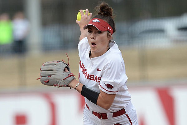 Arkansas pitcher Autumn Storms delivers to the plate against Kentucky Friday, March 29, 2019, during the first inning at Bogle Park in Fayetteville.
