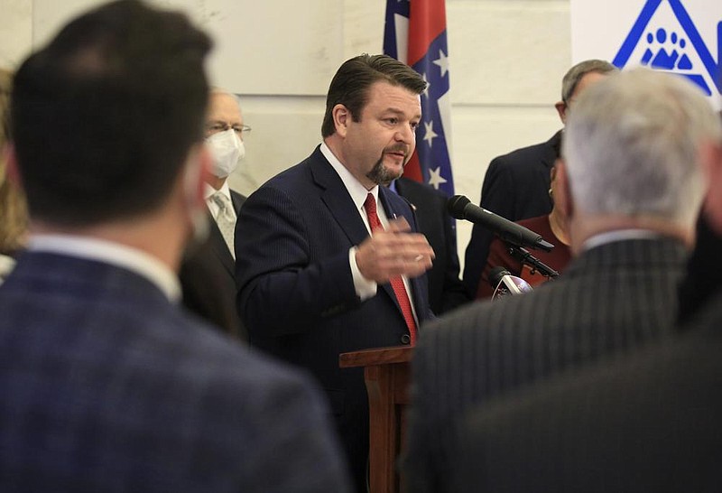 Sen. Jason Rapert, R-Conway, speaks Wednesday, Feb. 10, 2021 at the state Capitol during a press conference about his bill, SB6, that would ban all abortions except those to save the life of a mother. (Arkansas Democrat-Gazette/Staton Breidenthal)
