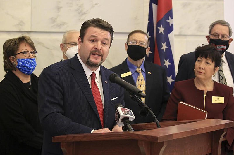 Sen. Jason Rapert, R-Conway, speaks Wednesday Feb. 10, 2021 at the state Capitol during a press conference about his bill, SB6, that would ban all abortions except those to save the life of a mother. (Arkansas Democrat-Gazette/Staton Breidenthal)