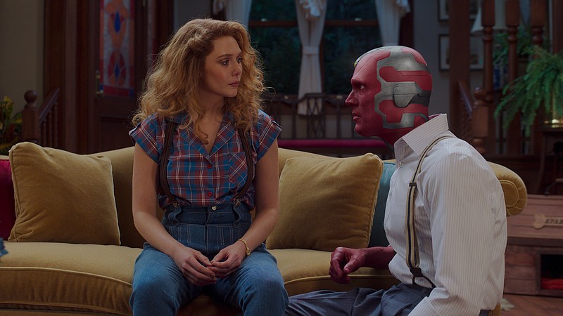 Wanda (Elizabeth Olsen) has some explaining to do with Vision (Paul Bettany) before the arrival of a surprise guest on “WandaVision.” (Marvel Studios/Disney Plus)