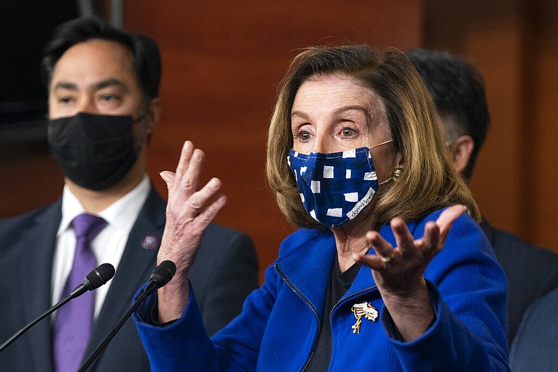 House Speaker Nancy Pelosi, D-Calif., speaks during a news conference on Capitol Hill in Washington on Saturday, Feb. 13, 2021, after the U.S. Senate voted to acquit former President Donald Trump of inciting a riot at the U.S. Capitol on Jan. 6. At left is impeachment manager Rep. Joaquin Castro, D-Texas.