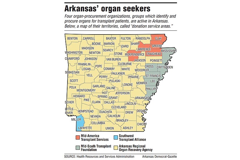 Four organ-procurement organizations, groups which identify and procure organs for transplant patients, are active in Arkansas. This graphic shows a map of their territories, called "donation service areas.”