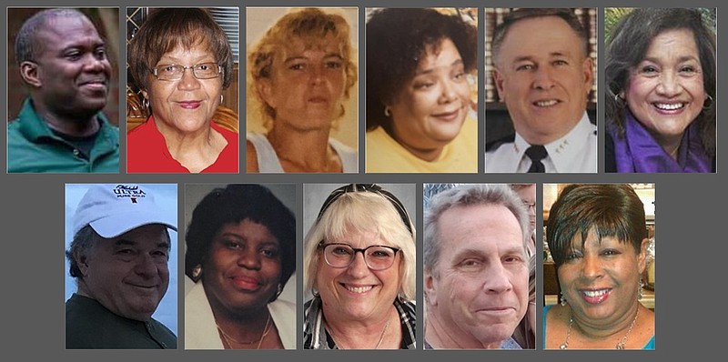 Among the lives lost to the coronavirus in Arkansas in December 2020 and January 2021 were (top row, from left) Lt. Hasain El-Amin, Thelma Lee Bryant Kindle Wilson, Teresa Sue Parker, Bobbie Layton, Edward Lewis “Boe” Fontaine, Alicia Ugartechea, (bottom row, from left) Dr. Richard “Dick” Davis, Sandra Denton, Jamie Sheffield, Arnold Gibson and Earmer Grant.