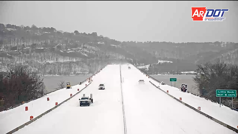 The Interstate 430 bridge over the Arkansas River is shown in this Monday, Feb. 15, 2021 screen grab of video provided by the Arkansas Department of Transportation. The agency had planned to work on the bridge in February, but scrubbed three successive weekends that month because of bad weather that included ice, heavy snow and rain.