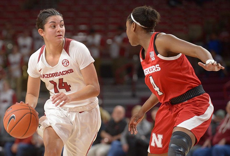 Jailyn Mason is one of  ve Razorbacks seniors who make up a leadership group that gets together to play cards and have both serious and lighthearted discussions. Mason said the card games are a good way to hear the various viewpoints of the group on both on-court and off-court issues.
(NWA Democrat-Gazette/Andy Shupe)