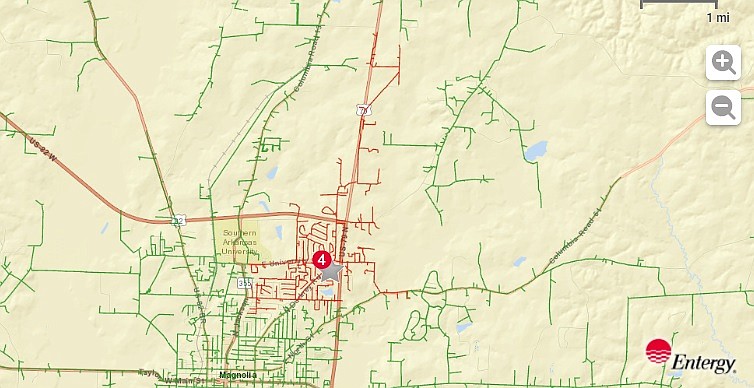 This screengrab from the Entergy website shows the northeast portion of Magnolia that went without power around 8:20 p.m.