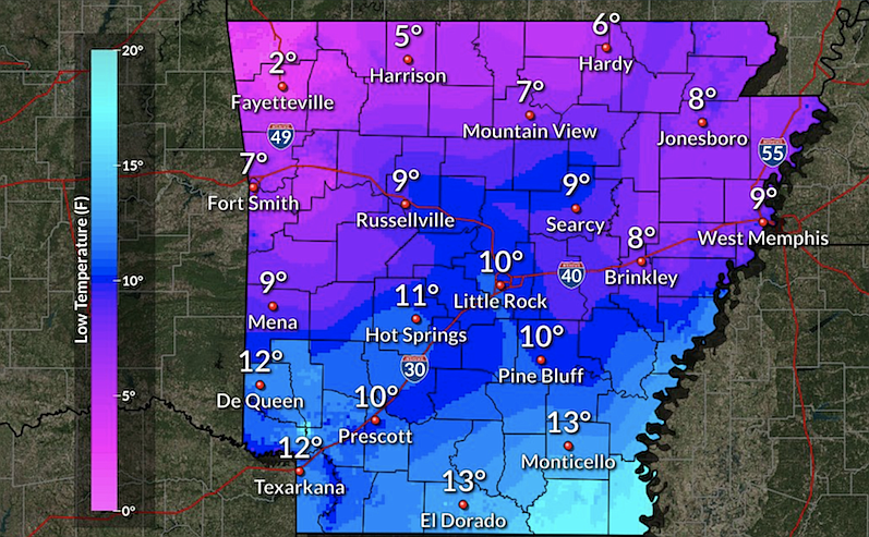 This National Weather Service map shows forecast lows for Thursday night and Friday morning.