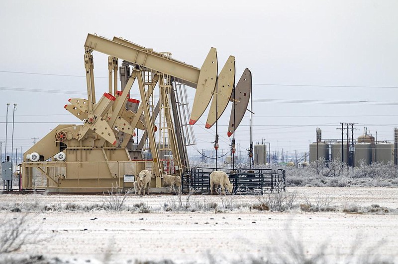 Cattle shelter from the cold wind beside a pump jack array Saturday in Midland, Texas. Disruptions in oil production because of this  week’s weather have cut almost 40% of the nation’s crude production.
(AP/Odessa American/Eli Hartman)