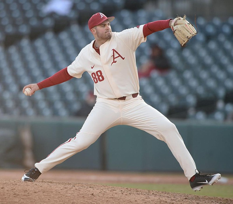 Right-hander Zebulon Vermillion will start on the mound for the University of Arkansas in its season opener against No. 3 Texas Tech on Saturday. Right-hander Peyton Pallette is slated to start against No. 9 Texas on Sunday and left graduate transfer Lael Lockhart will face No. 10 TCU on Monday.
(NWA Democrat-Gazette/Andy Shupe)