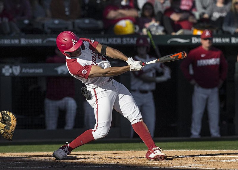 Center fielder Christian Franklin said the Arkansas Razorbacks will have a mix of youth and experience. “I think we’re going to have some young guys that contribute. We’ve got some guys returning, so we’re going to be really strong on that end. And then on the pitching side of things, we have a lot of power arms and a lot of velocity,” Franklin said.
(NWA Democrat-Gazette/Ben Goff)