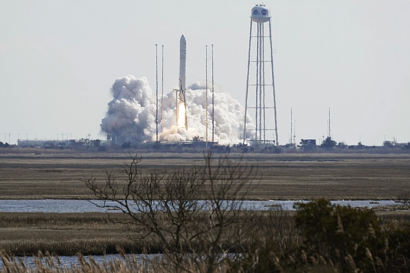 Northup Grumman's Antares rocket lifts off the launch pad at NASA's Wallops Island flight facility in Wallops Island, Va., Saturday, Feb. 20, 2021. The rocket is delivering cargo to the International Space Station. (AP Photo/Steve Helber)