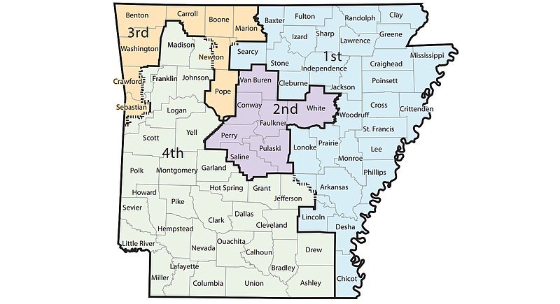 The boundaries of Arkansas' four congressional districts set after the 2010 U.S. Census.