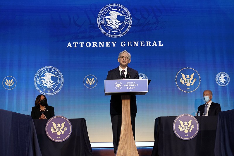 In this Jan. 7, 2021, file photo Attorney General nominee Judge Merrick Garland speaks during an event with President-elect Joe Biden and Vice President-elect Kamala Harris at The Queen theater in Wilmington, Del. The once-snubbed Supreme Court pick will finally come before the Senate, this time as President Joe Biden's choice for attorney general. Garland, an appeals court judge, is widely expected to sail through his confirmation process, beginning Monday at a hearing, with bipartisan support. (AP Photo/Susan Walsh, File)