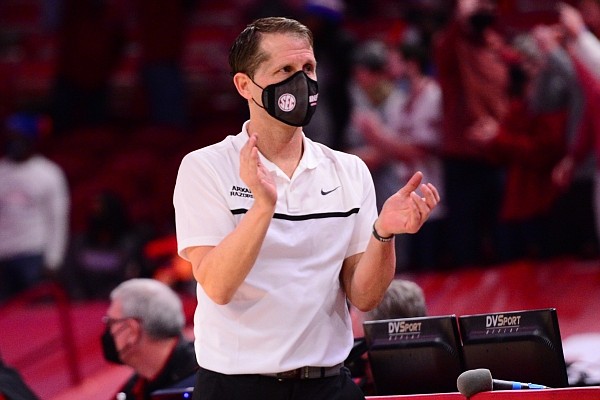 Arkansas coach Eric Musselman reacts to a play during a game against Florida on Feb. 16, 2021, in Bud Walton Arena in Fayetteville.