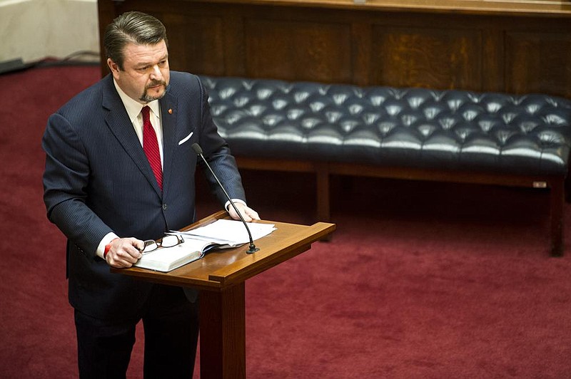 State Senator Rapert introduces Senate Bill 6, which would abolish abortion in Arkansas, during the general assembly on Monday, Feb. 22, 2021. The bill passed 27-7. See more photos at arkansasonline.com/223senate/

(Arkansas Democrat-Gazette/Stephen Swofford)