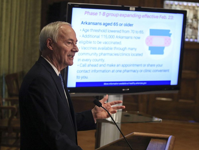 Gov. Asa Hutchinson speaks Tuesday Feb. 23, at the state Capitol in Little Rock during his weekly COVID-19 press conference. (Arkansas Democrat-Gazette/Staton Breidenthal)