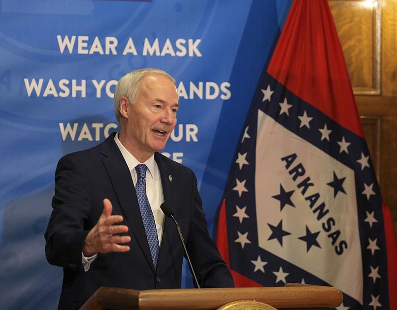  Gov. Asa Hutchinson speaks Tuesday Feb. 23, 2021 at the state Capitol in Little rock during his weekly Covid-19 press conference. More photos at arkansasonline.com/224governor/. (Arkansas Democrat-Gazette/Staton Breidenthal)
