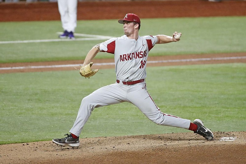 Arkansas starter Lael Lockhart struck out eight in 41/3 innings in Monday’s 4-1 victory over No. 11 TCU at Globe Life Field in Arlington, Texas. Hogs’ pitchers picked up 18 strikeouts to earn their third consecutive victory to start the season.
(Special to the Democrat-Gazette/James D. Smith)