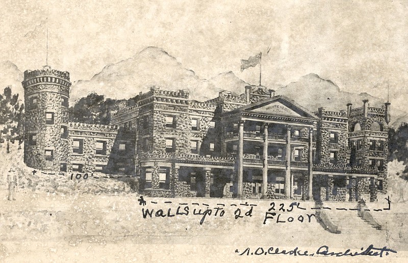 This architectural drawing by A.O. Clarke of the Club House Hotel at Monte Ne shows how it would have looked if finished. It was built up to the first floor, then abandoned due to labor problems. The foundation can still be seen at low water levels.

(Courtesy photo/Rogers Historical Museum)