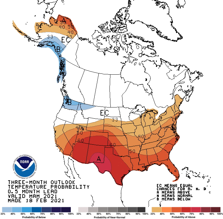 This graphic from the National Weather Service Climate Prediction Center shows the temperature probabilities for the months of March through May, which is listed as a 50-60% chance of hotter weather than normal. (National Weather Service via Magnolia Banner-News)