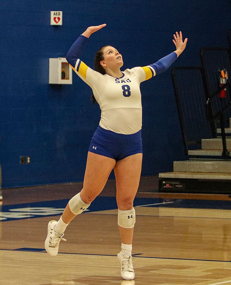 SAU’s Bailey Kirk delivers a serve for the Lady Muleriders. The sophomore had a career-high 20 digs in a match against UAM. SAU will host Henderson State at 6 p.m. Tuesday. (SAU Sports)