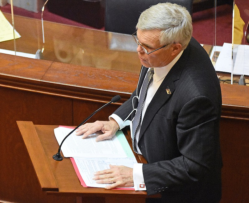 Sen. Dan Sullivan, R-Jonesboro, answers questions about Senate Bill 301 during the senate session Thursday, Feb. 25, 2021 at the State Capitol in Little Rock. See more photos at arkansasonline.com/226senate/..(Arkansas Democrat-Gazette/Staci Vandagriff)