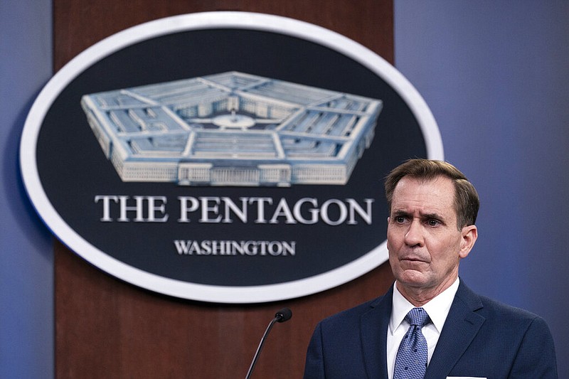 FILE - In this Wednesday, Feb. 17, 2021, file photo, Pentagon spokesman John Kirby speaks during a media briefing at the Pentagon, in Washington. Kirby announced late Thursday, Feb. 25, 2021, that the U.S. military conducted airstrikes against facilities in eastern Syria that the Pentagon said were used by Iran-backed militia groups, in response to recent attacks against U.S. personnel in Iraq. Kirby said the action was authorized by President Joe Biden. (AP Photo/Alex Brandon, File)