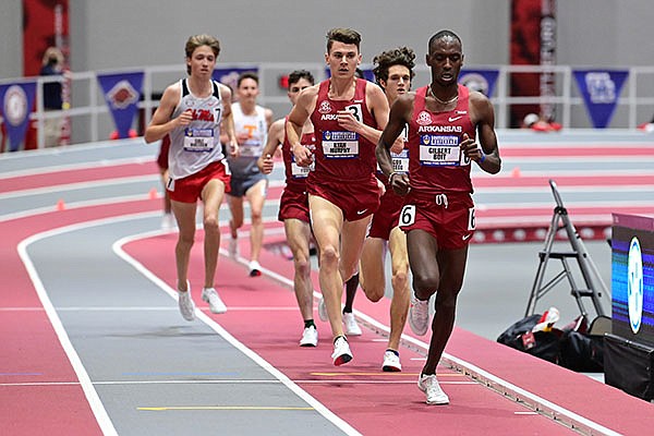 Arkansas' Gilbert Boit leads the pack during the 5,000 meters race at the SEC Indoor Championships on Friday, Feb. 26, 2021, in Fayetteville. (Photo via SEC Pool)