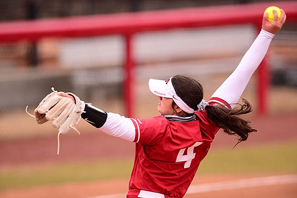 Arkansas' Mary Haff throws a pitch during a game against Texas Tech on Friday, Feb. 26, 2021, in Fayetteville.