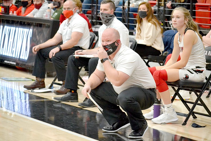 FILE -- In this file photo, Jan. 8, 2021, Heath Neal, head coach for the Lady Blackhawks, watches intensely as his team plays in Blackhawk gym.