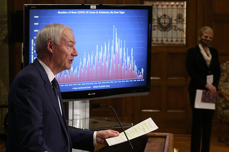 Gov. Asa Hutchinson announces that the state's current mask mandate will become a guideline on March 31 if certain public health goals are met during a press conference on Friday, Feb. 26, 2021, at the state Capitol in Little Rock. .(Arkansas Democrat-Gazette/Thomas Metthe)