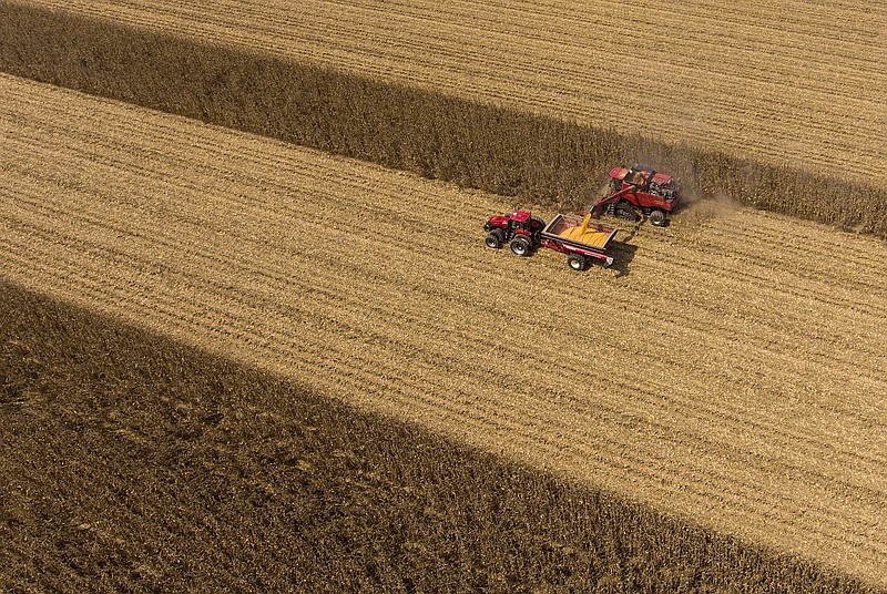 A farmer harvest corn Tuesday Sept. 8, 2020 on Highway 15 near Keo in Lonoke County. See more photos at arkansasonline.com/99drone/.(Arkansas Democrat-Gazette/Staton Breidenthal)