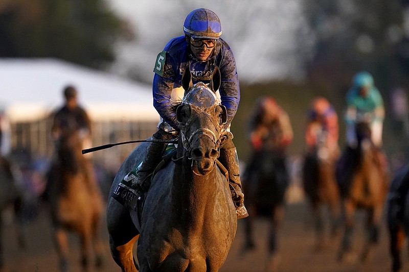 Essential Quality, shown with jockey Luis Saez after winning  the Breeders’ Cup Juvenile in November, is the 3-2 morning  line favorite for today’s $750,000 Grade III Southwest Stakes  at Oaklawn Racing Casino Resort in Hot Springs.
(AP/Mark Humphrey)