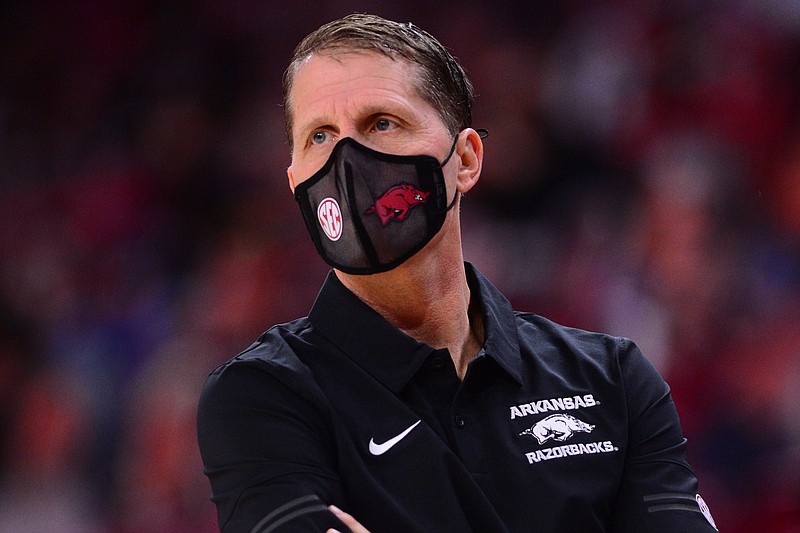 Arkansas head coach Eric Musselman looks on during Arkansas' 83-75 win over LSU in Bud Walton Arena on Saturday, Feb. 27, 2021. Picture courtesy Gunnar Rathbun and Arkansas communications. Arkansas head coach Eric Musselman looks on during Arkansas' 83-75 win over LSU in Bud Walton Arena on Saturday, Feb. 27, 2021. Picture courtesy Gunnar Rathbun and Arkansas communications.