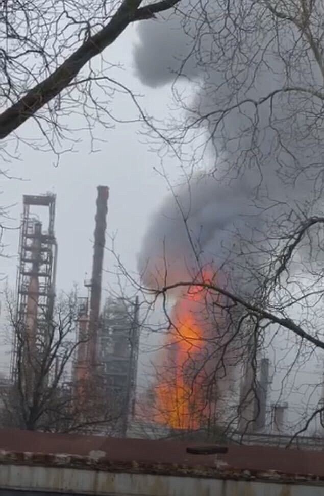 The fire that broke out Saturday afternoon at Lion Oil can be seen in this photo taken from video. (Contributed)