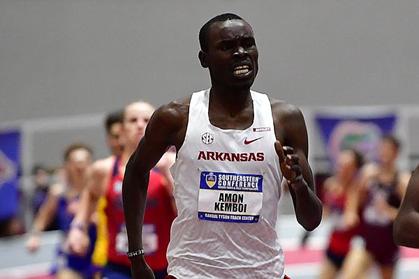 Arkansas' Amon Kemboi runs during the SEC Indoor Championships on Saturday, Feb. 27, 2021, in Fayetteville.