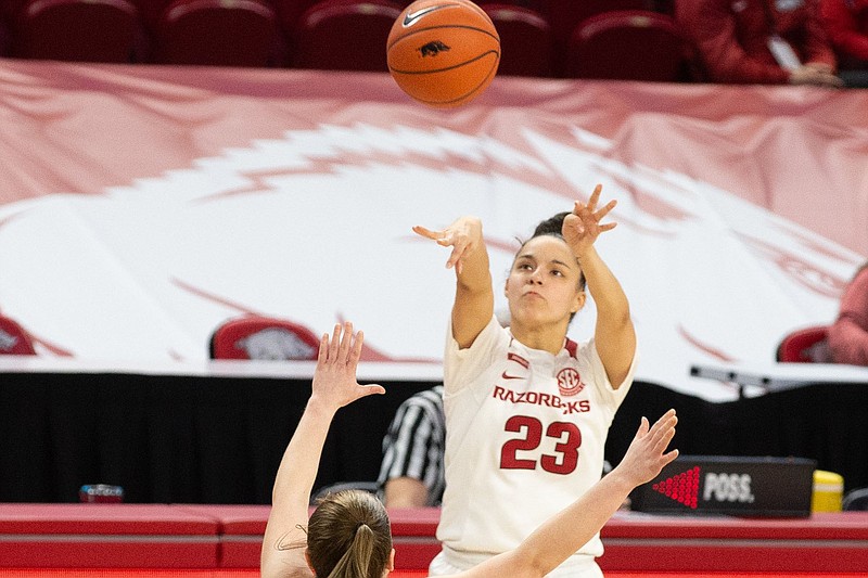 Arkansas guard Amber Ramirez (23) shoots during a game against Alabama on Sunday, Feb. 28, 2021, in Fayetteville. Arkansas guard Amber Ramirez (23) shoots during a game against Alabama on Sunday, Feb. 28, 2021, in Fayetteville.