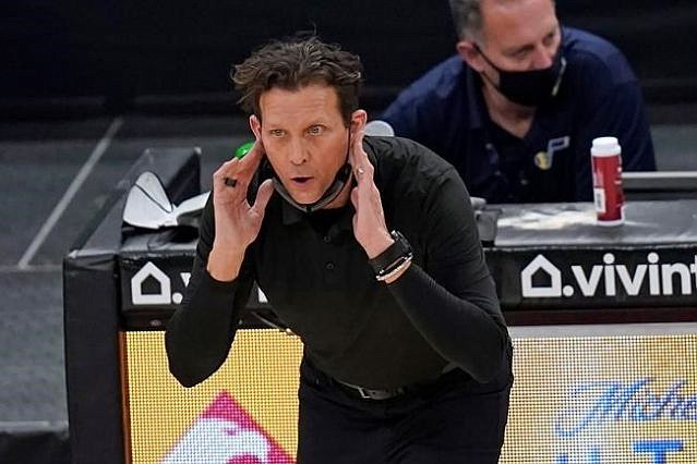 Utah Jazz head coach Quin Snyder talks to players during the second half of the team’s NBA basketball game against the Milwaukee Bucks on Feb. 12 in Salt Lake City.