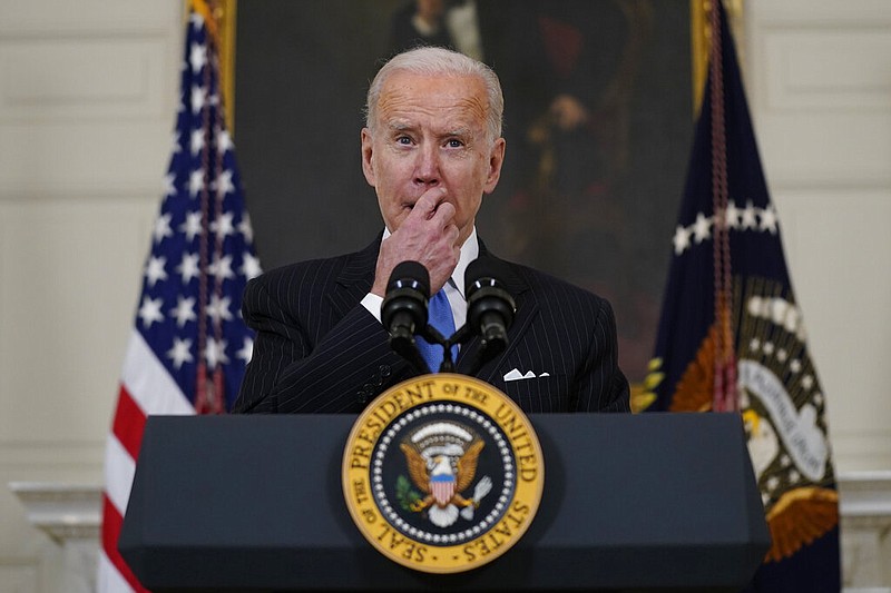 President Joe Biden speaks about efforts to combat COVID-19, in the State Dining Room of the White House, Tuesday, March 2, 2021, in Washington. (AP Photo/Evan Vucci)