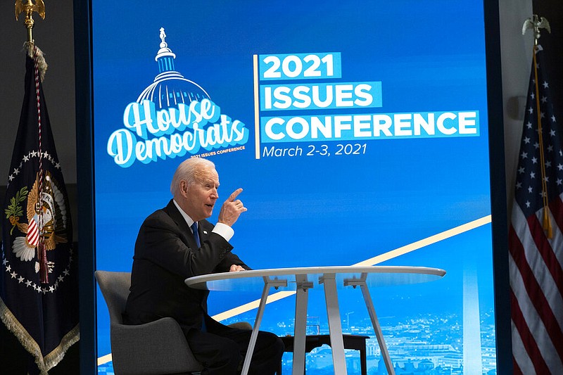 President Joe Biden speaks during a virtual meeting with the House Democratic caucus in the South Court Auditorium of the Eisenhower Executive Office Building on the White House complex in Washington on Wednesday, March 3, 2021. (AP/Alex Brandon)