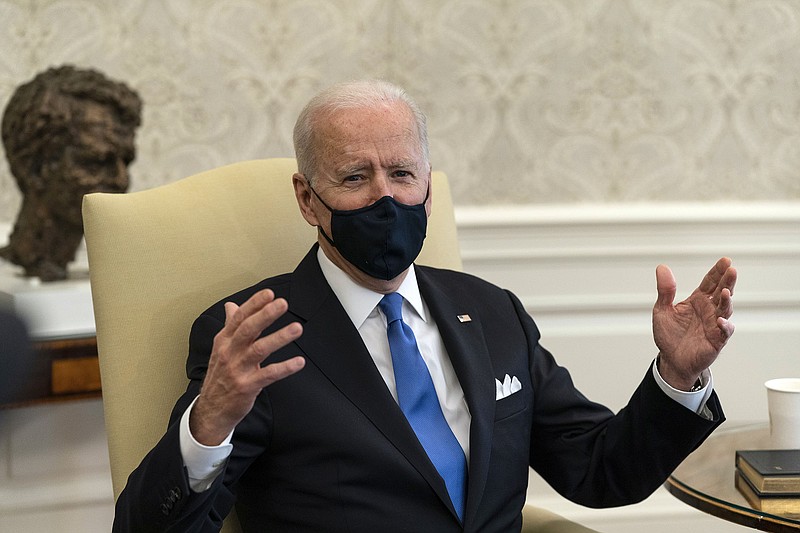 “The last thing we need is Neanderthal thinking that in the meantime, everything’s fine, take off your mask and forget it,” President Joe Biden said Wednesday at the White House. More photos at arkansasonline.com/34oval/.
(AP/Alex Brandon)