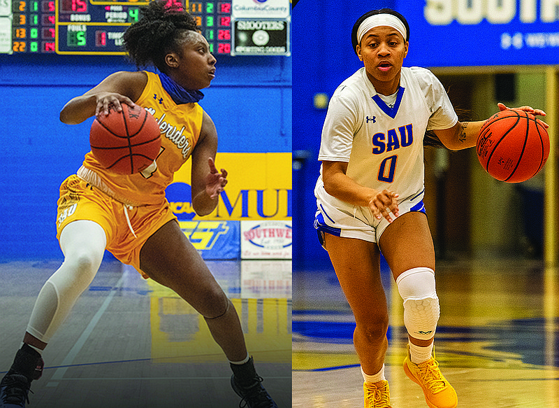 SAU’s Kisi Young and Ariana Guinn dribble the ball during recent GAC action. Young was named to the All-GAC Second Team, while Guinn earned a spot on the Honorable Mention Team. (SAU Sports)