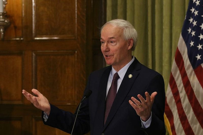 Gov. Asa Hutchinson answers a question during the daily covid-19 press briefing on Wednesday, April 29, 2020, at the state Capitol in Little Rock. (Arkansas Democrat-Gazette/Thomas Metthe)