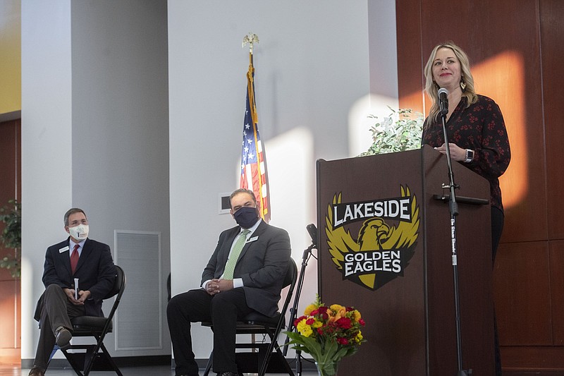 FILE -- In this file photo, Chelsea Jennings speaks Tuesday Dec. 1, 2020 at Lakeside Junior High School Assistant Principal after she received the Arkansas Assistant Principal of the Year award from the Arkansas Association of Educational Administrators.
(NWA Democrat-Gazette/J.T. Wampler)