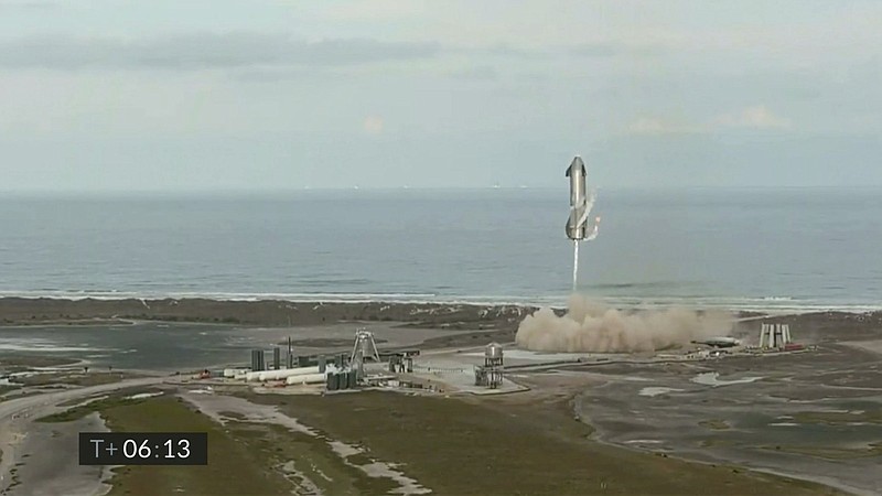 In this image from video made available by SpaceX, one of the company's Starship prototypes fires its thrusters as it lands during a test in Boca Chica, Texas, on Wednesday, March 3, 2021. SpaceX’s futuristic Starship looked like it aced a touchdown Wednesday, but then exploded on the landing pad with so much force that it was hurled into the air. The failure occurred just minutes after SpaceX declared success.