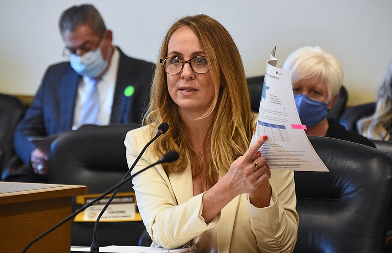 Sen. Missy Irvin, R-Mountain View, points to a chart of rural hospitals while presenting her bill Thursday, March 4, 2021 at the state Capitol in Little Rock..(Arkansas Democrat-Gazette/Staci Vandagriff)