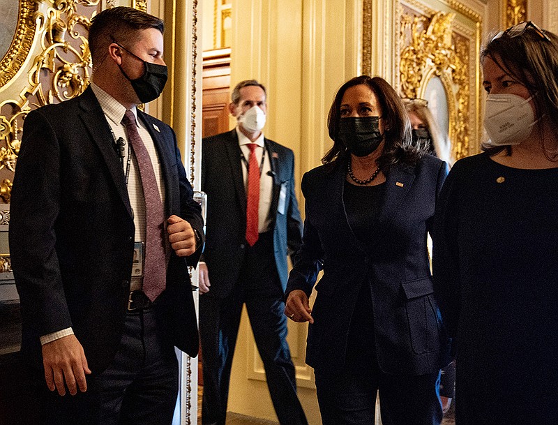 Vice President Kamala Harris departs the Capitol after voting on the Senate floor in Washington on March 4, 2021. (Anna Moneymaker/The New York Times)