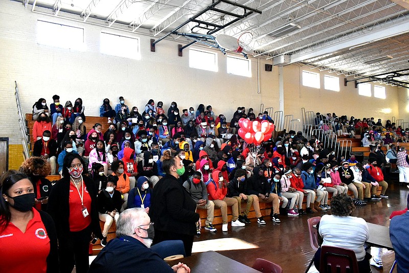 Watson Chapel Junior High School students gather Thursday, March 4, 2021, in an assembly less than 24 hours after fellow student Daylon Burnett, 15, died from injuries sustained in an on-campus shooting three days earlier. (Pine Bluff Commercial/I.C. Murrell)