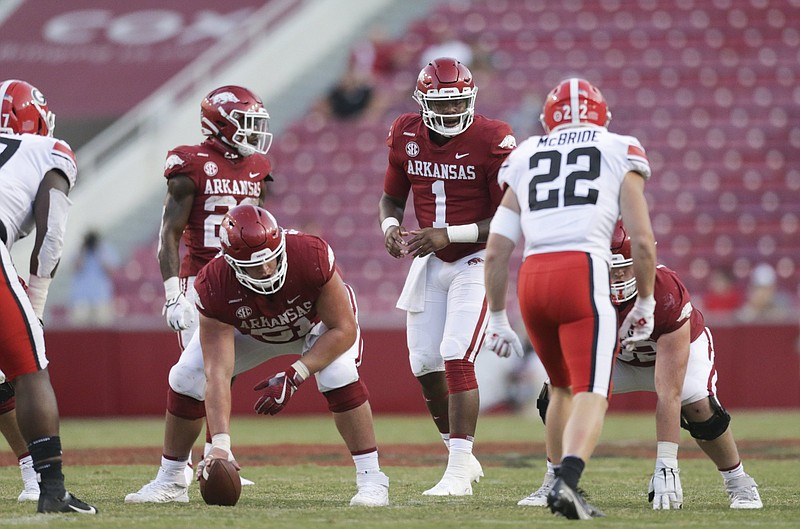 KJ Jefferson (1) is among three remaining scholarship returnees at quarterback for the Razorbacks, and his solid play in his lone start against Missouri puts him ahead of the competition for the starting job.
(NWA Democrat-Gazette/Charlie Kaijo)